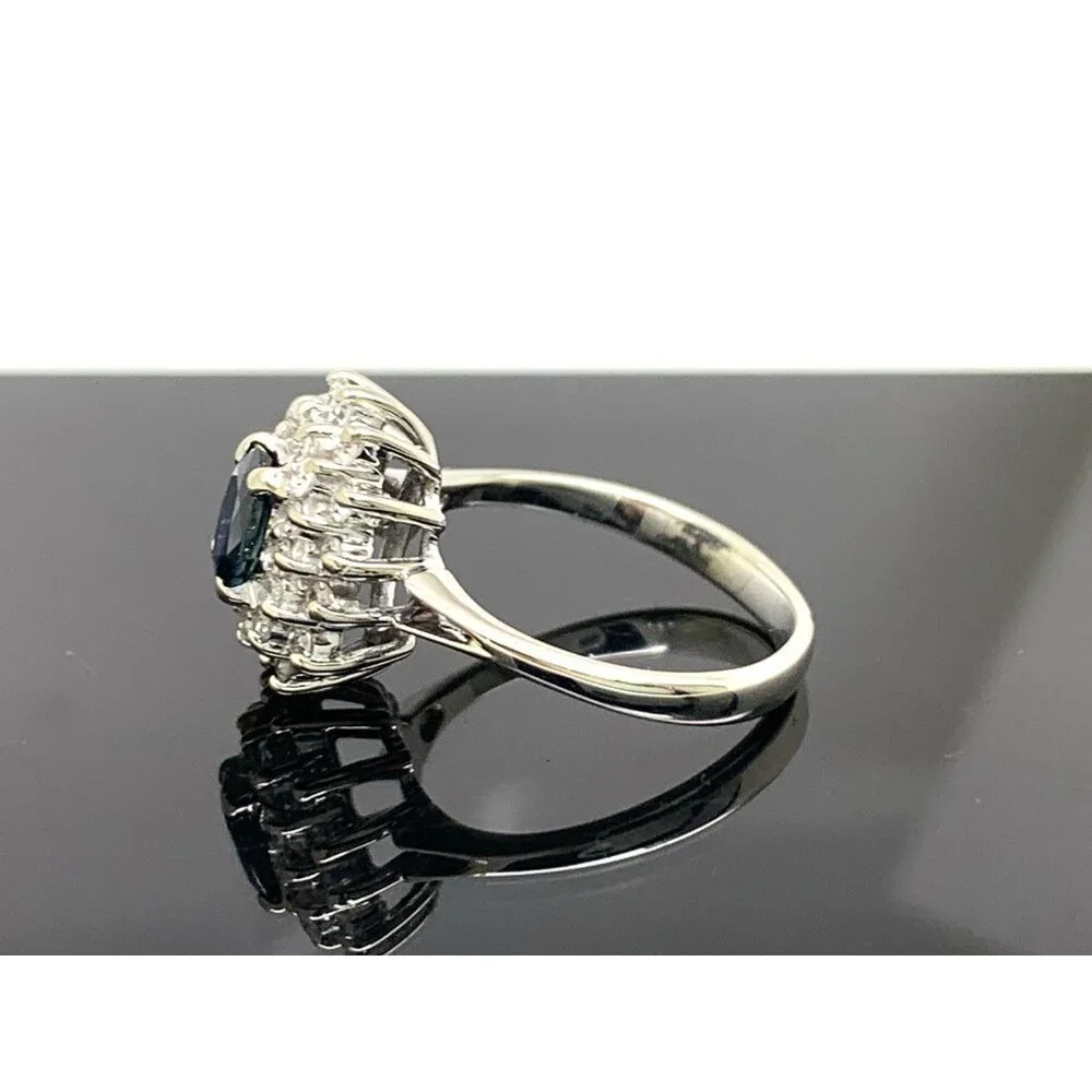 Blue Gemstone Diamond Cocktail Ring 14k White Gold Estate Women's Size 4.75